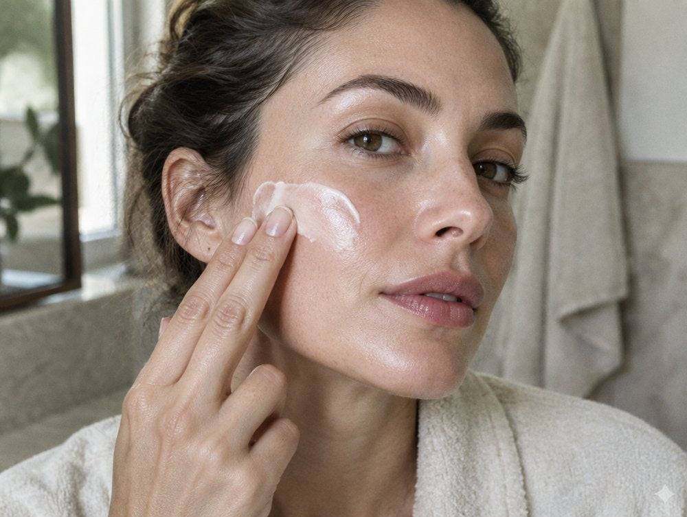 Femme lissant une crème légère sur la joue, peau encore humide