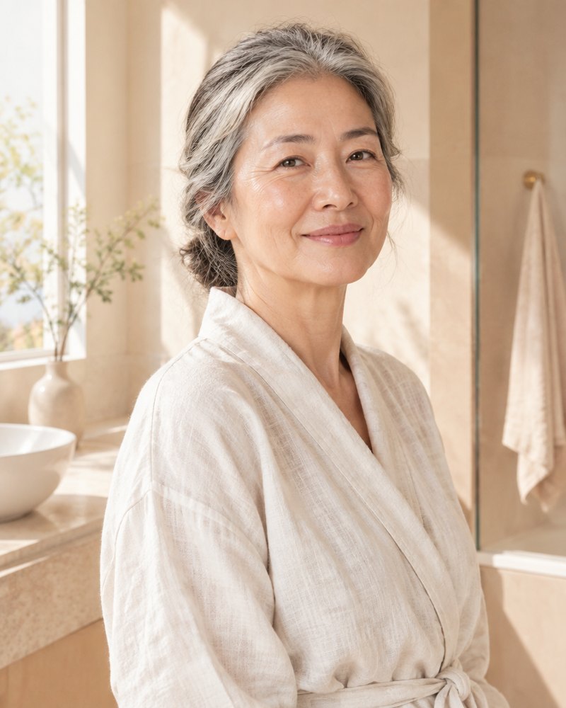 Femme d'une soixantaine d'années, peau lumineuse, salle de bain le matin