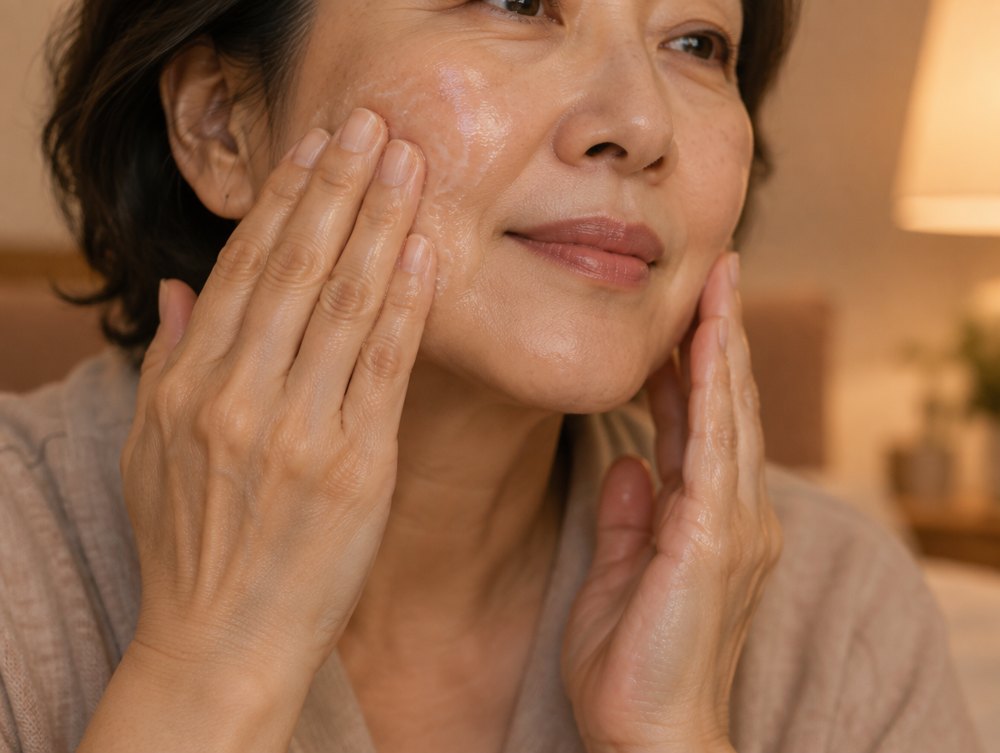 Mains massant un baume nettoyant sur la joue