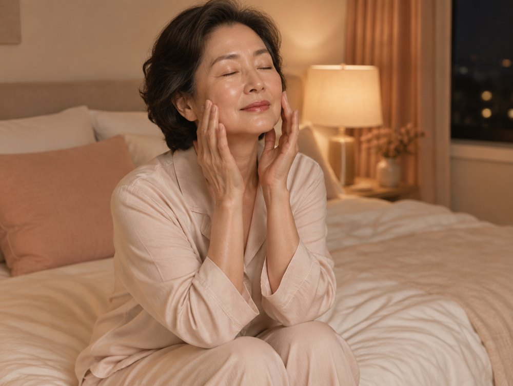 Femme appliquant son soin du soir, assise au bord du lit